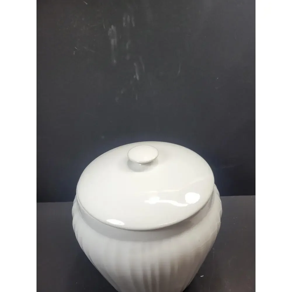 Vintage Corning Ware French White Cookie Jar Lid Casual China Ribbed Canister